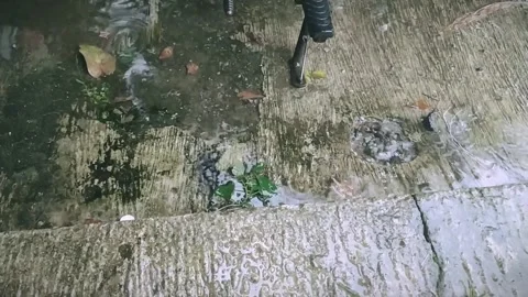 Raindrops wet the cement floor in the front yard of the house. Video stock 303887054