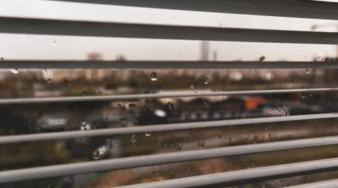 Raindrops on the window with blinds Stock Photos