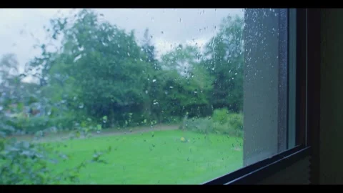 Raindrops on Window Focusing on Rainy Backyard Stock Footage 344770166
