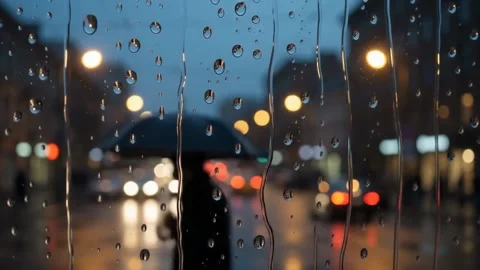 Raindrops on Window Glass, Blurred City Lights, Traffic Bokeh, Night Cityscape Stock Footage 345805105