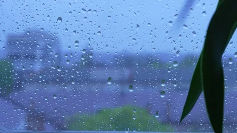 Raindrops on Window Glass with Blurred Cityscape Background Stock Footage 333323695