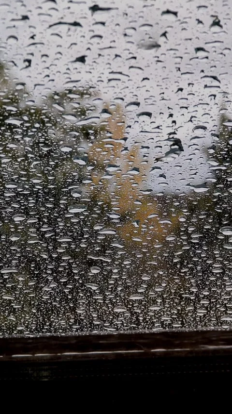 Raindrops on window glass on gloomy overcast day Stock Footage 342839439