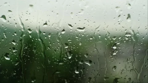 Raindrops on window, green trees in the background, spring rain, cleaning produc Stock Footage 276183025