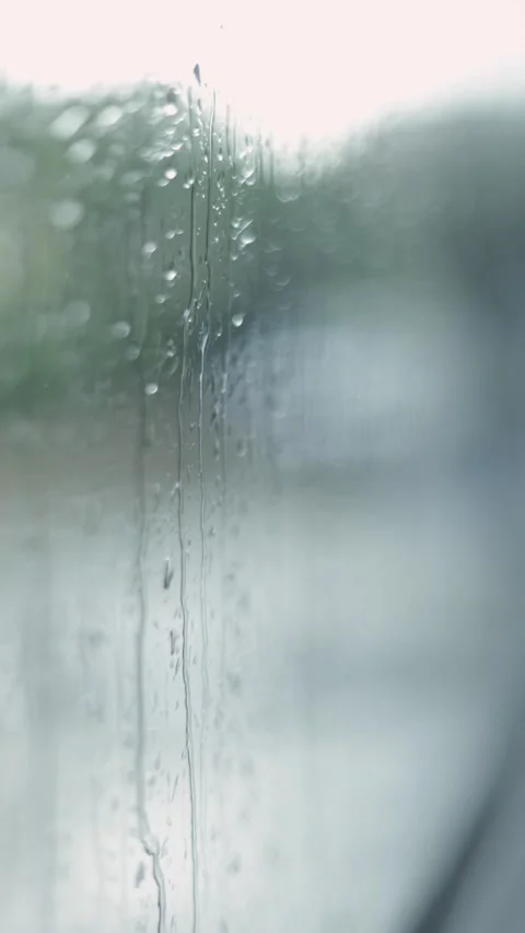 Raindrops On The Window, Greenery Blurred Background, Vertical Close-Up Shot Stock Footage 292326871