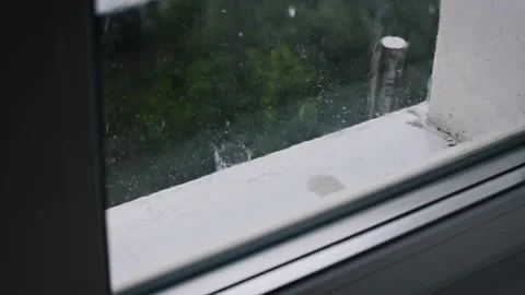 Raindrops on Window Sill, Green View Stock Footage 303887042