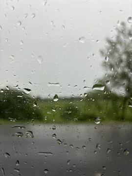 Raindrops on a windowpane overlooking blurred trees Stock Photos