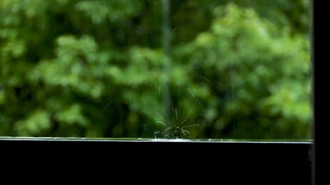 Raindrops on windowsill close-up view in the background green plants Stock-Footage 121005968