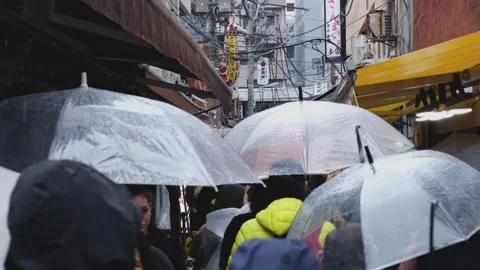 Rainfall Reflections in Busy Tsukiji Tokyo Street Video stock 308070294
