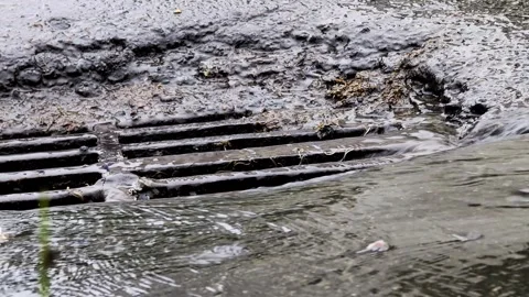 Rainfall runoff water flowing into dark metal street drain grate, close up Stock Footage 342230526