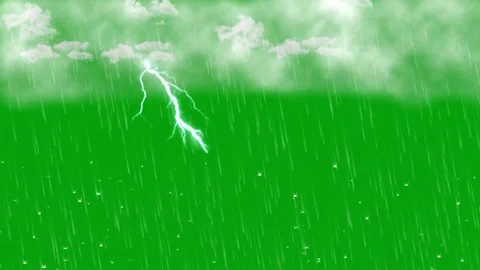Rainfall, white clouds and lighting bolt with green screen background Stock Footage 139955525