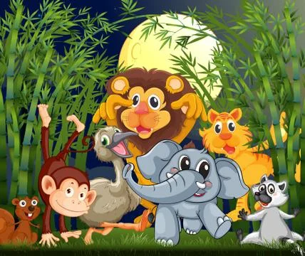 A rainforest with animals strolling in the middle of the night Stock Illustration