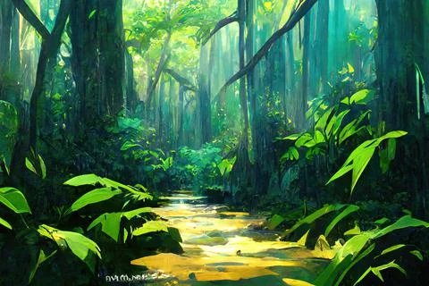 The rainforest, deep forest with a river running through Stock Illustration