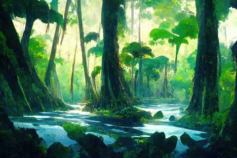 The rainforest, deep forest with a river running through Stock Illustration