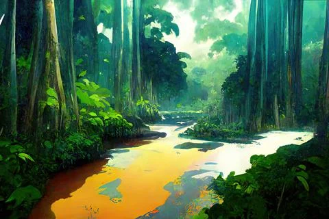 The rainforest, deep forest with a river running through Stock Illustration