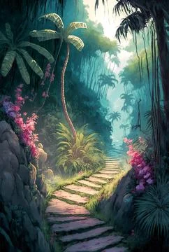 Rainforest digital illustration with trail through, jungle landscape Stock Illustration