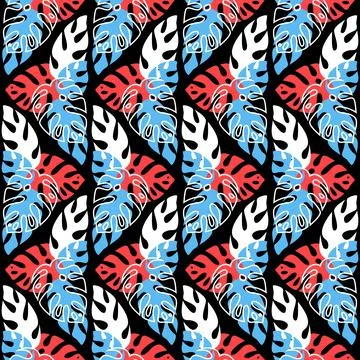 Rainforest seamless pattern on dark background, monstera palm leaf, trendy ve Illustrazione stock