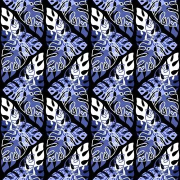 Rainforest seamless pattern on dark background, monstera palm leaf, trendy ve Stock Illustration