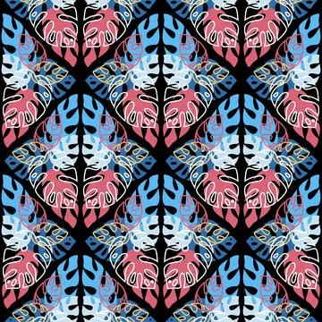 Rainforest seamless pattern on dark background, monstera palm leaf, trendy ve イラスト素材