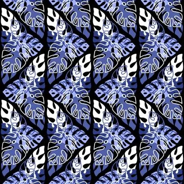 Rainforest seamless pattern on dark background, monstera palm leaf, trendy il Illustrazione stock