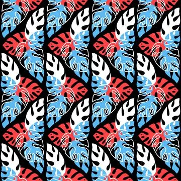 Rainforest seamless pattern on dark background, monstera palm leaf, trendy il Stock Illustration