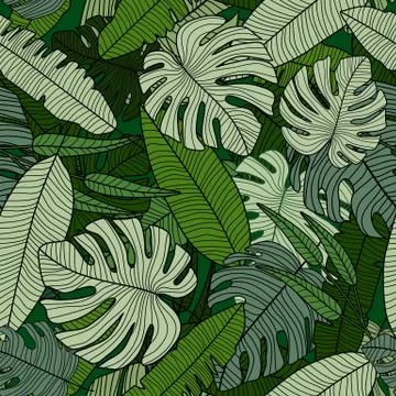 Rainforest seamless pattern. Modern exotic tropical palm leaves backdrop. Stock Illustration