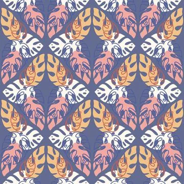 Rainforest seamless pattern on purple background, monstera palm leaf, trendy  Stock Illustration