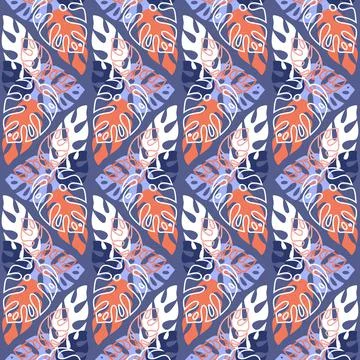 Rainforest seamless pattern on purple background, monstera palm leaf, trendy  Stock Illustration