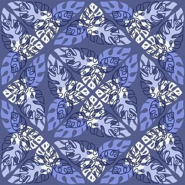 Rainforest seamless pattern on purple background, monstera palm leaf Stock Illustration