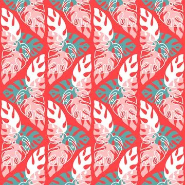 Rainforest seamless pattern on red background, palm leaf, trendy vector illus Stock Illustration