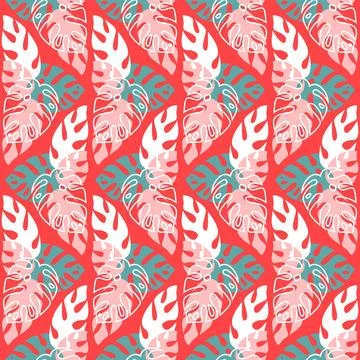 Rainforest seamless pattern on red background, palm leaf, trendy illustrati.. Stock Illustration