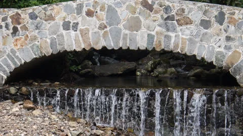 Rainforest stream passing under stone pedestrian bridge Stock Footage 23667541