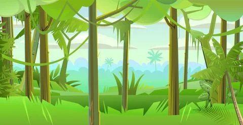 Rainforest trees. Dense thickets. View from the jungle forest. Tropical forest Stock Illustration