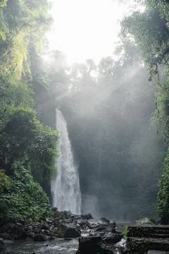 Rainforest Waterfall Engulfed in White Mist, Rocky Base, Bali Stock Photos