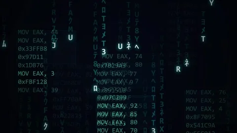 Raining binary code. Blue falling matrix code with assembly and hex values Stock Footage 341236642