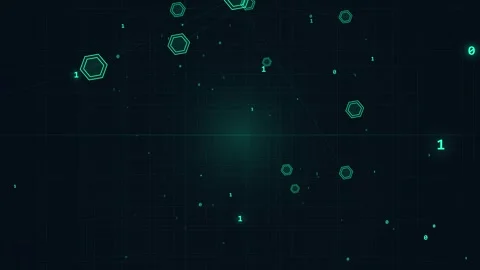 Raining binary code. Teal binary code and hexagonal network on dark grid Stock Footage 341236745
