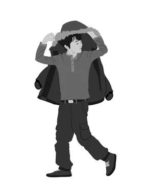 Raining day, boy cover with jacket protect of rain vector illustration Stock Illustration