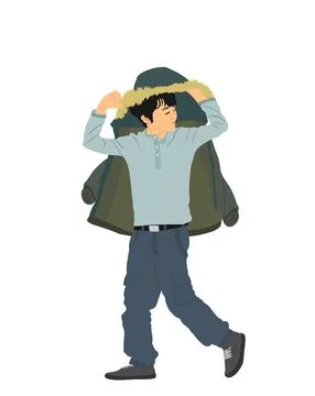 Raining day, boy cover with jacket protect of rain vector illustration Illustrazione stock