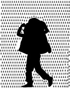Raining day, boy cover with jacket protect of rain vector silhouette Stock Illustration