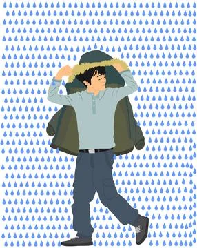 Raining day, boy cover with jacket protect of rain vector illustration Illustrazione stock