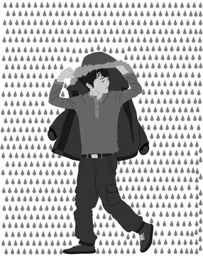 Raining day, boy cover with jacket protect of rain vector illustration イラスト素材
