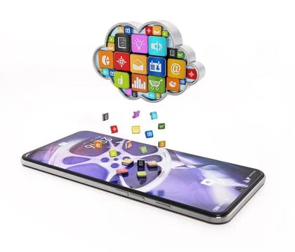 Raining digital apps on the smartphone from cloud shaped application store... Stock Photos