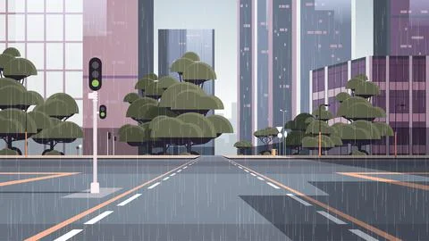 Raining empty street road with crossroad and traffic light city buildings Stock Illustration
