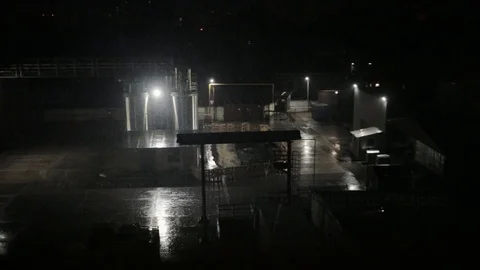 Raining in factory in night light technology construction city industrial Stock Footage 96123880