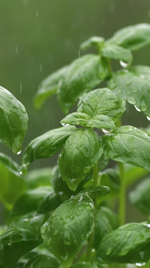 Raining on green basil herbs in spring nature, fresh rainy weather, vertical 스톡 동영상 277202020