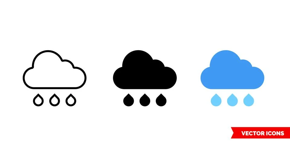 Raining icon of 3 types. Isolated vector sign symbol. Illustrazione stock