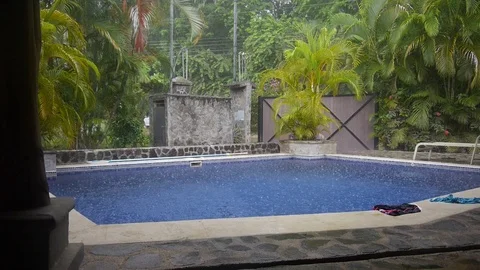 Raining on Pool in Rainforest Stock Footage 81228356
