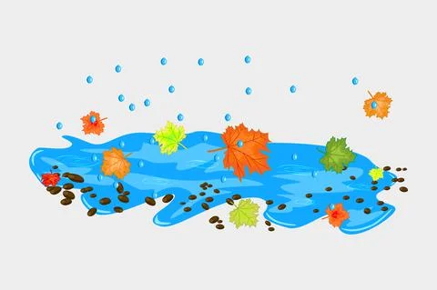 Raining puddle, raindrops and falling colorful leaves. Autumn concept. Stock Illustration