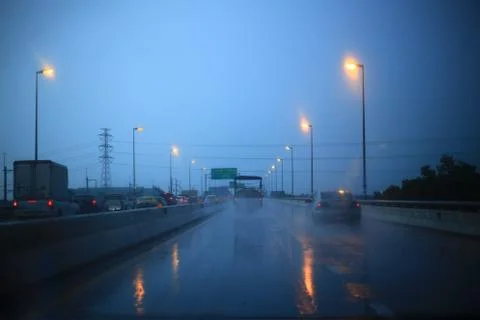 Raining so much on a highway. dark atmosphere in a elevated road. street wet Stock Photos