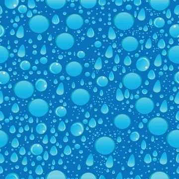Raining water drops of different shapes on turquoise background seamless pa.. Illustrazione stock