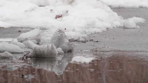 Raining into Water Puddle, Snow Slush Melting, Climate Change in the City scene Stock Footage 249466900